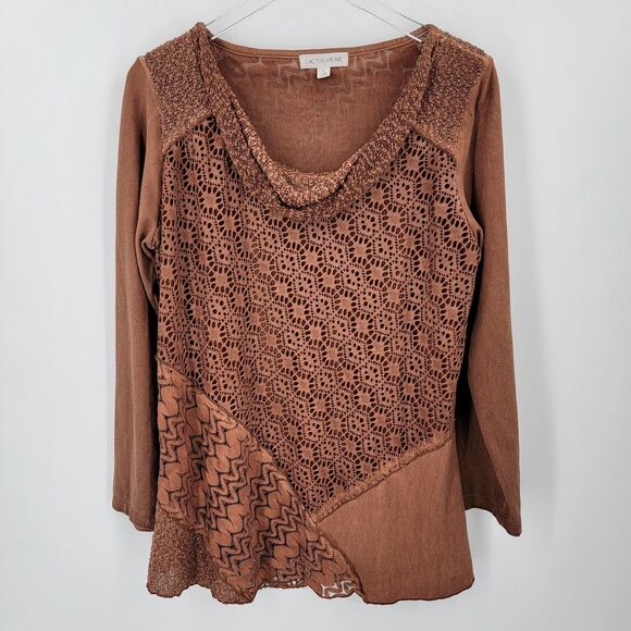 Cactus + Pearl Blouse Women's Large Cowl Neck Lace Overlay Brown - Picture 1 of 10